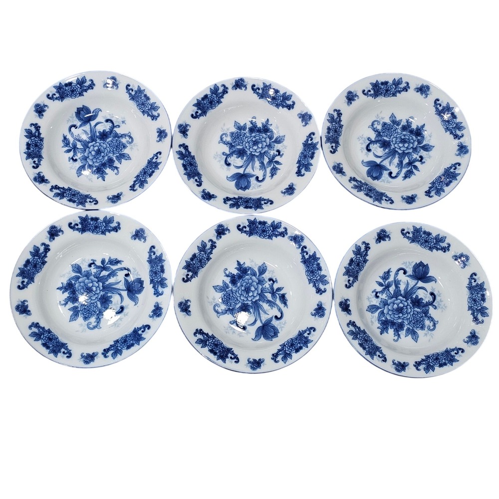 Cracker Barrel Cobalt Blue White Floral Soup Salad Bowls Set of 6 Porcelain 9 in